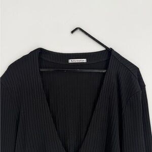 Reformation Gellar Black Ribbed Knit Button Front Long Sleeve Top